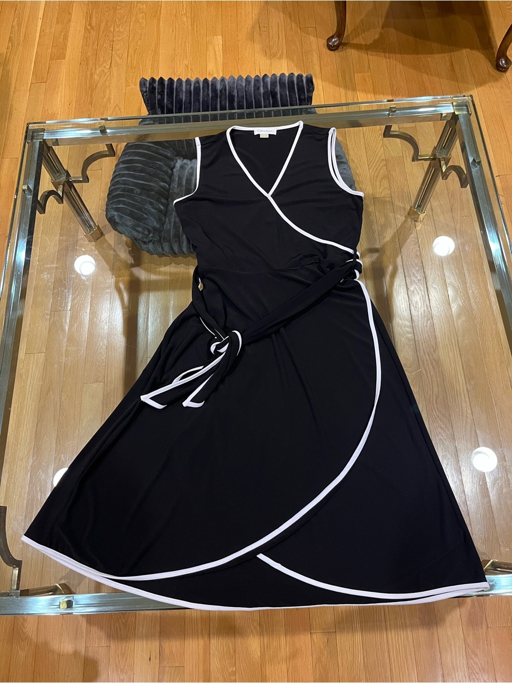 Calvin Klein Black Midi Wrap Dress with White Piping